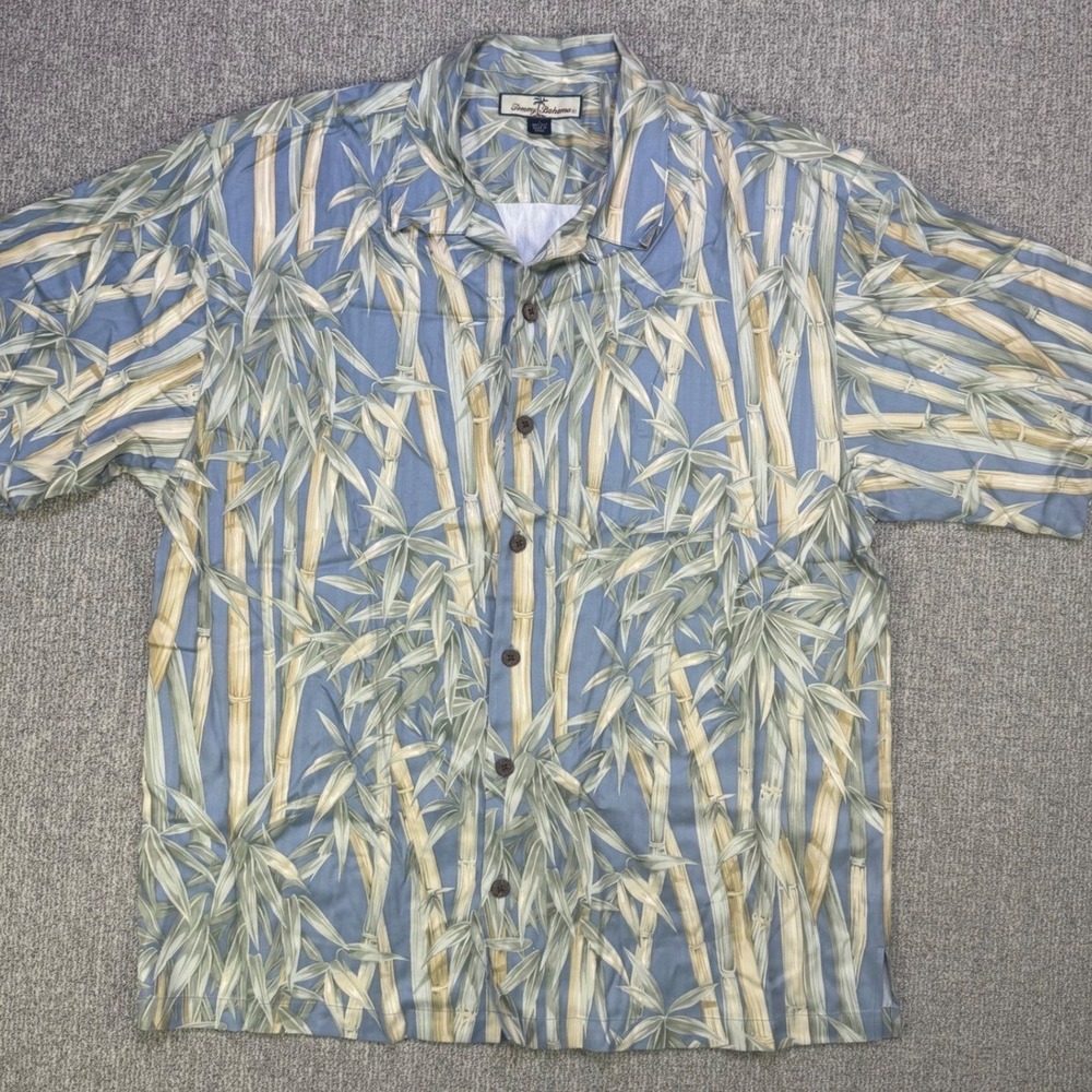 Tommy Bahama Silk Camp Shirt‎ Mens Large Bamboo Print Blue Green Button Up